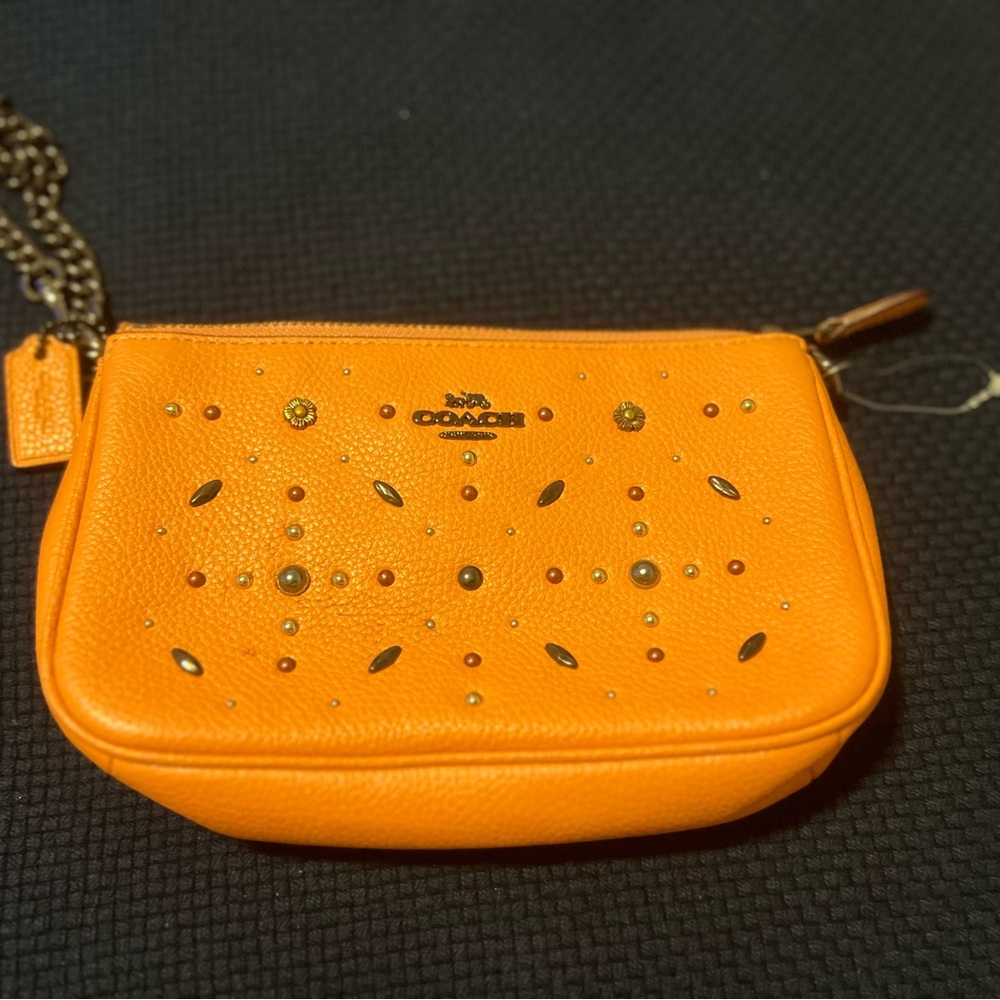 Coach Orange Studded Clutch with Chain Strap
